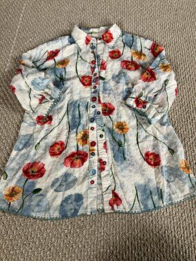 Ethyl Clothing S Floral Button Front Shirt 100% Cotton Crinkle Artsy Boho Top